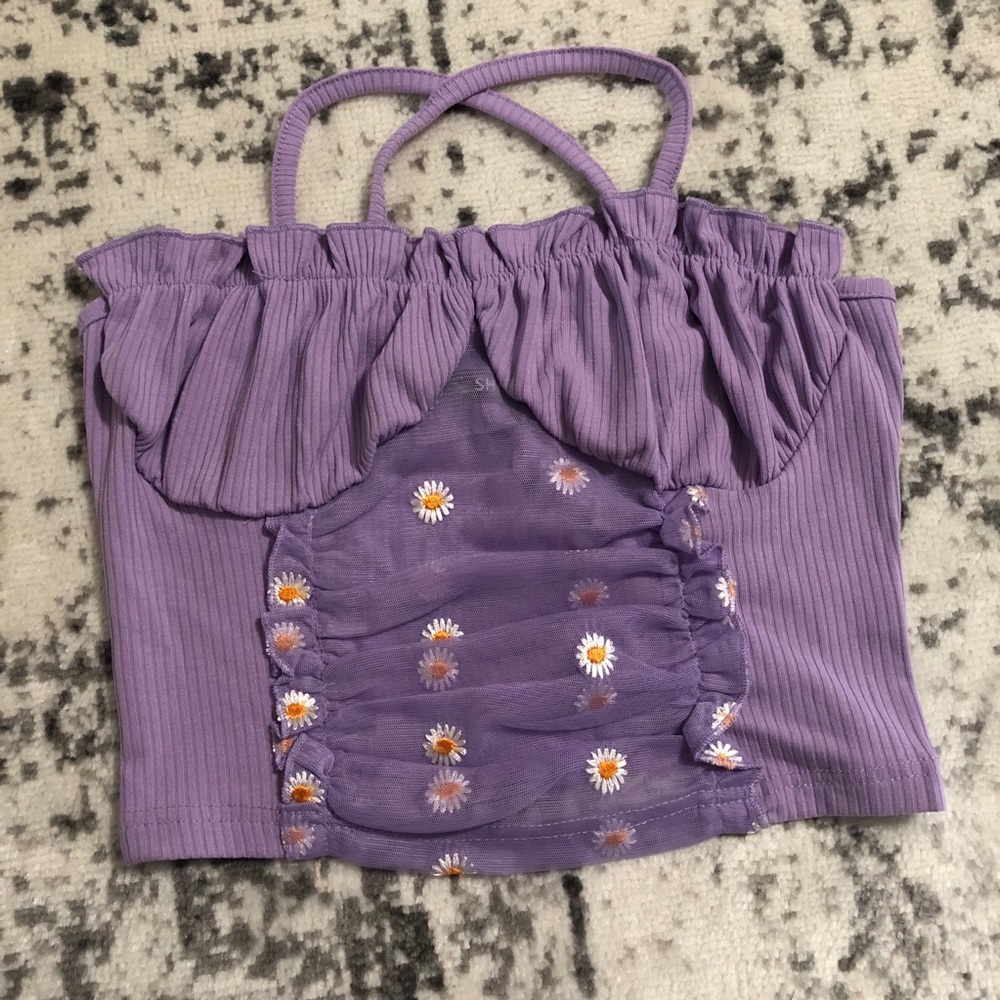 SHEIN Daisy Mesh Sheer Bustier Style Purple Rapunzel Daisy Sunflower Crop Top